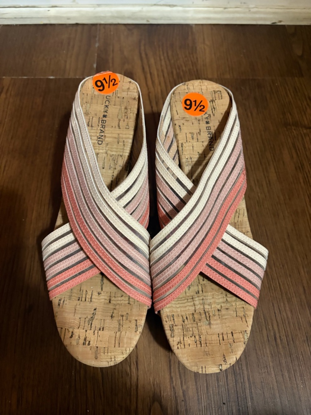 Lucky Brand Cork Heel Slide Sandals | Size 9.5 | Striped Crisscross Summer Heels